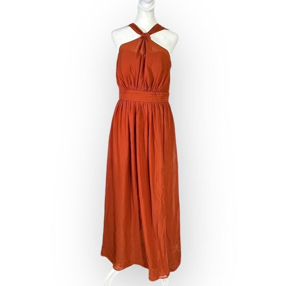 Birdy Grey Maxi Dress Women's Medium Rust Orange Tie Back Halter Sleeveless